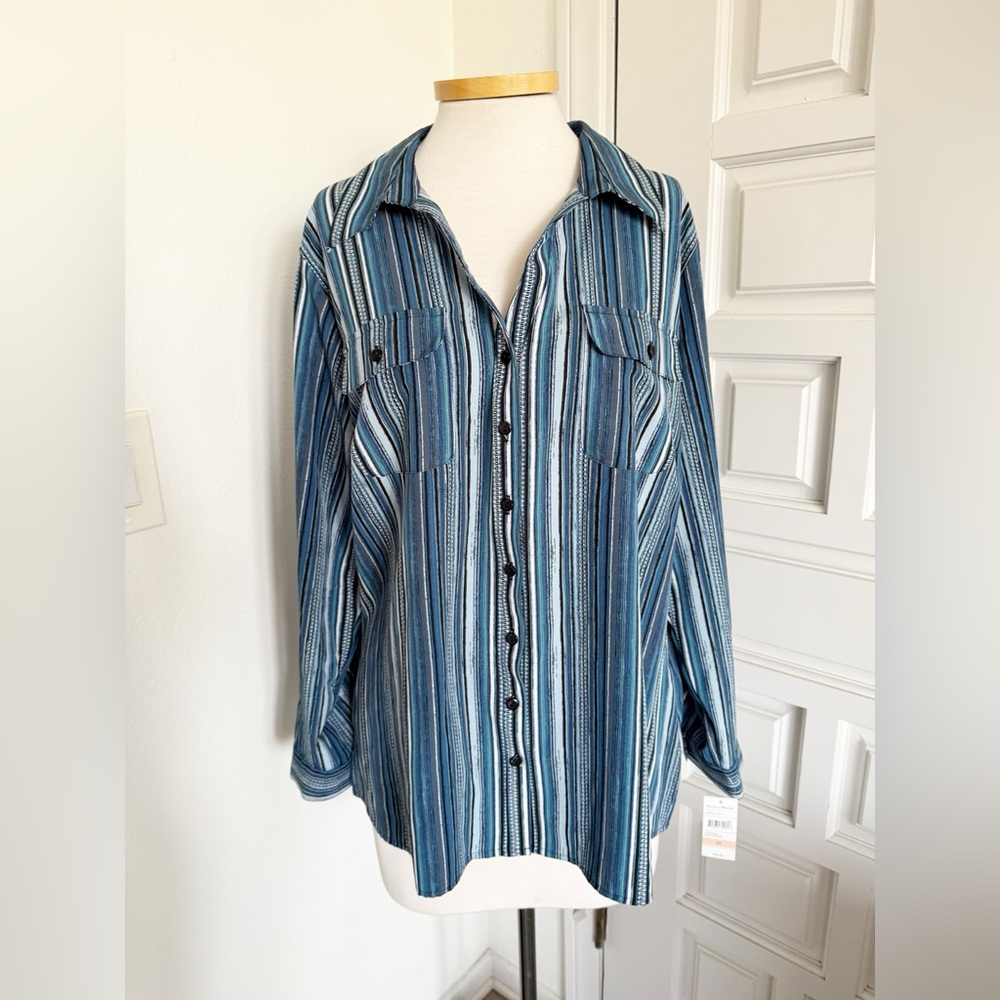 Studio Works Woman Blue White Striped Shirt Button Down Roll Sleeves Size 2X